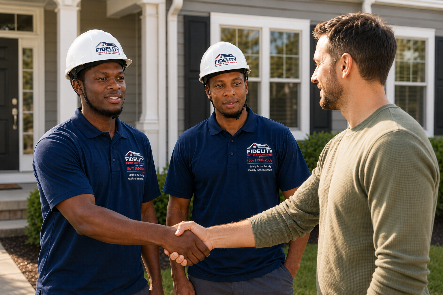 Fidelity Gutter Cleaning Services technicians shaking hands with a satisfied homeowner in Greater Boston, MA